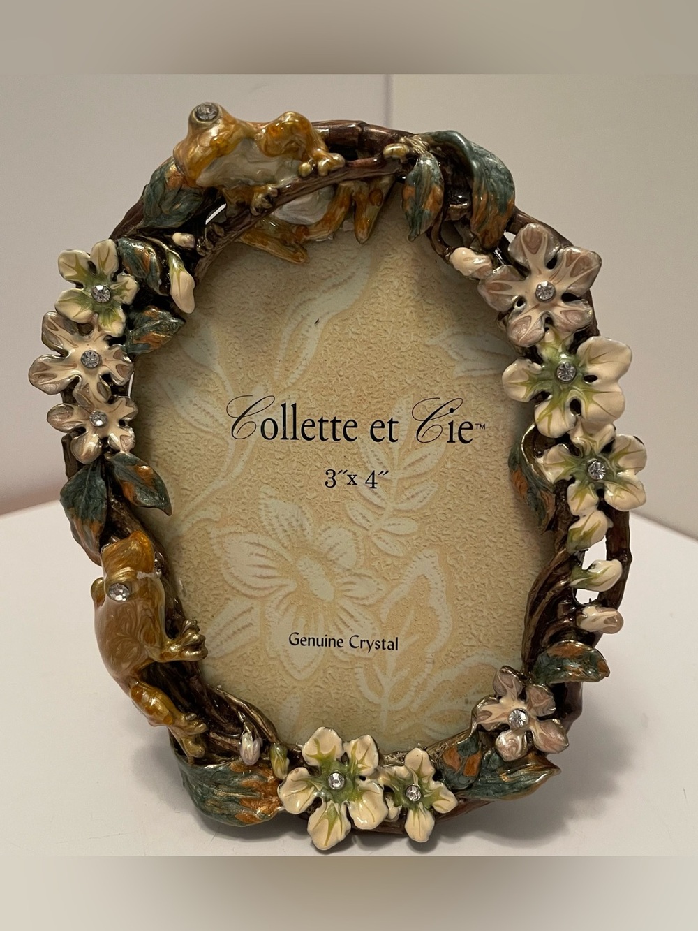 Collette et Cie Photo Frame Enamel And Crystal Frogs Flowers 4x3